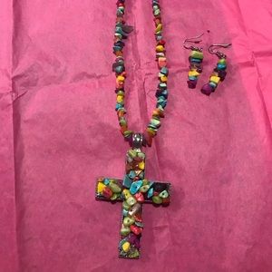 Stone cross necklace and earrings
